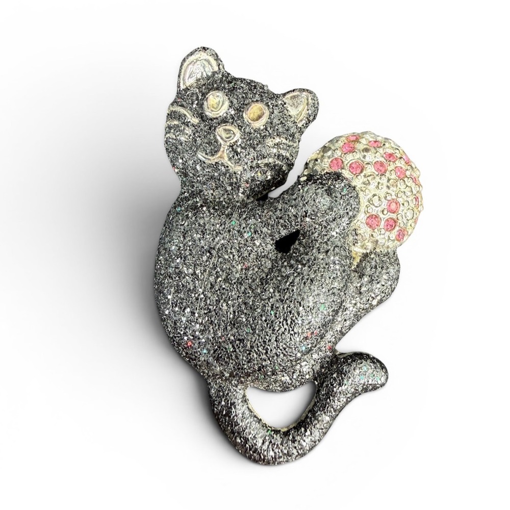 Vintage DaneCraft Black Cat‎ Brooch Pin Cat Playing w Ball Glittery Rhinestones